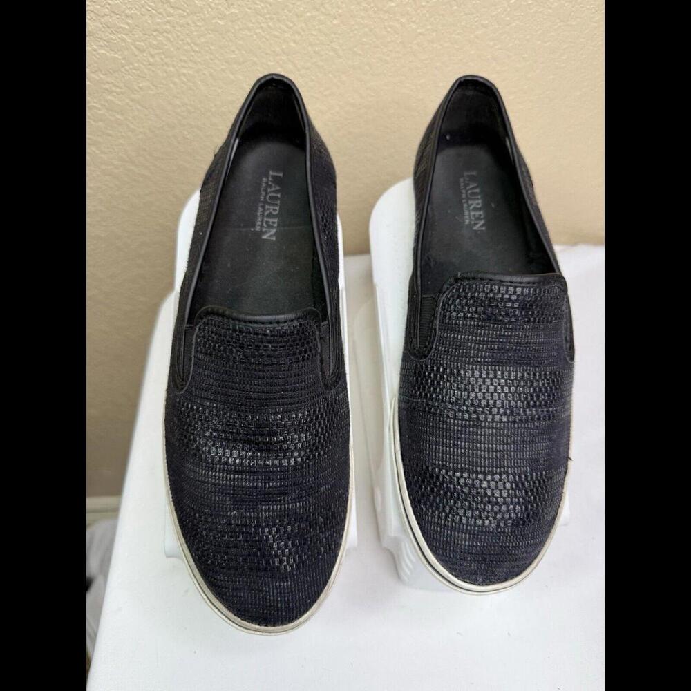 RALPH LAUREN Slip on Janis sneakers Navy WOMENS 9.5B Faux Straw WEAVE FUN STYLE